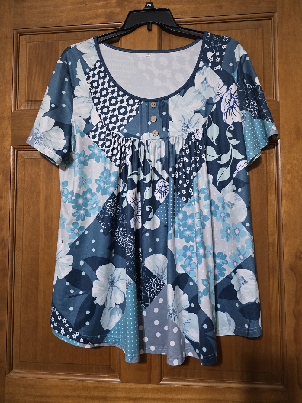 Women's Blue Floral Patchwork Short Sleeve Top
